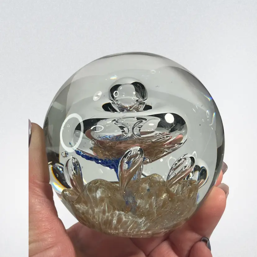 Art Glass Paperweight w/ Controlled Bubbles Blue & Gold | 3.5”