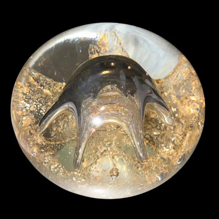 Art Glass Paperweight Clear Gold Flake Glitter Sea Star Bubble 3”T X 4” Diameter