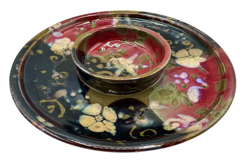 Signed Art Pottery Chip and Dip Bread Oil Plate Red Black Floral Whimsigoth 12β