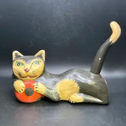 Wooden Mischievous Cat with Polka Dot Ball 5.75”x 7.5”