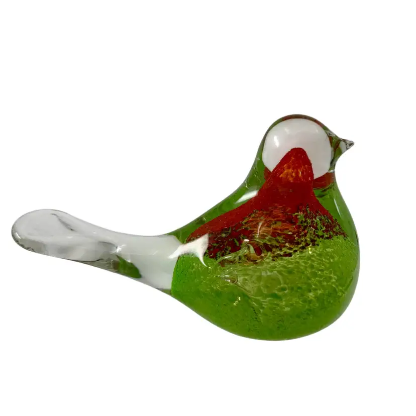 Paperweight Handblown Glass Bird Red Orange Green Clear
3.75” T x 5.5” L x 2.25” W