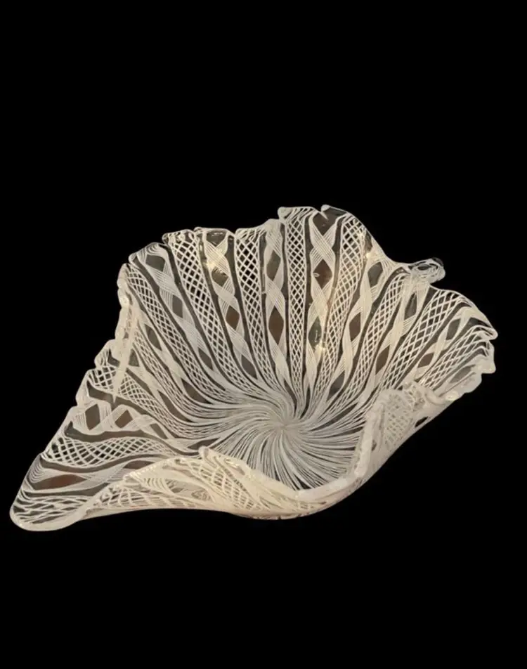 Vintage Murano Zanfirico Latticino White & Clear Leaf Dish. 7x5