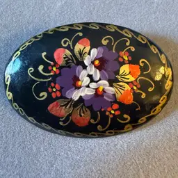 Russian Handpainted Floral Lacquer Brooch 2.25”