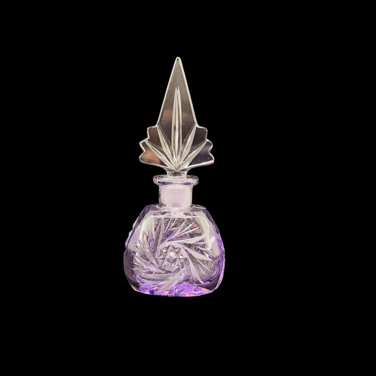 Vintage Art Deco Czech Cut Glass Violet Purple Perfume Bottle with Stopper circa 1930s
