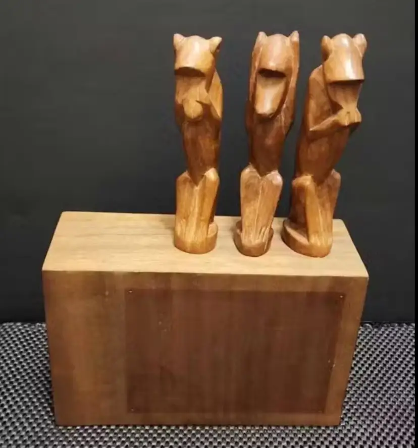 Set of 3 Carved Hardwood Monkey Figurines on Block - See no Evil, Hear no Evil, Speak no Evil