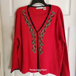 Victoria Jones Women's Christmas Cardigan & Tank Red Holly Pine Beads XL