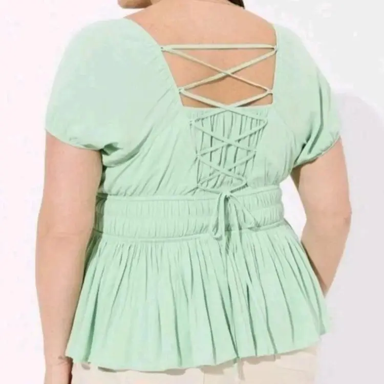 Torrid Washable Crinkle Gauze Cris Cross Back Top Mint Green Blouse 0 L 12 NWT