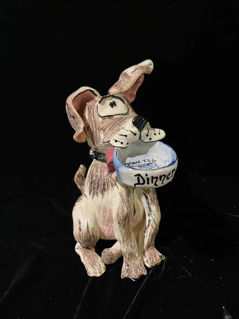 #1329 - BlueSky Clayworks - Dog With Dinner Dish T-lite Holder, 2000, Heather Goldminc