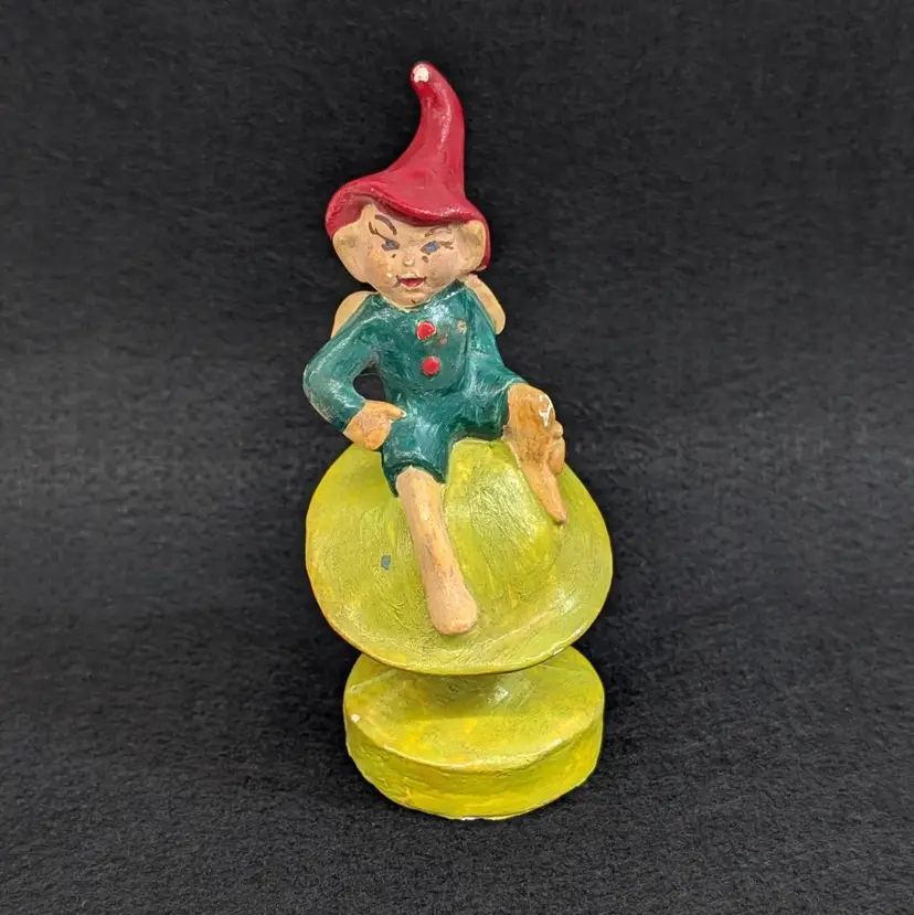 Vintage Pixie Fairy Sitting on a Mushroom Hand Painted 1950s 4.5" tall AS IS