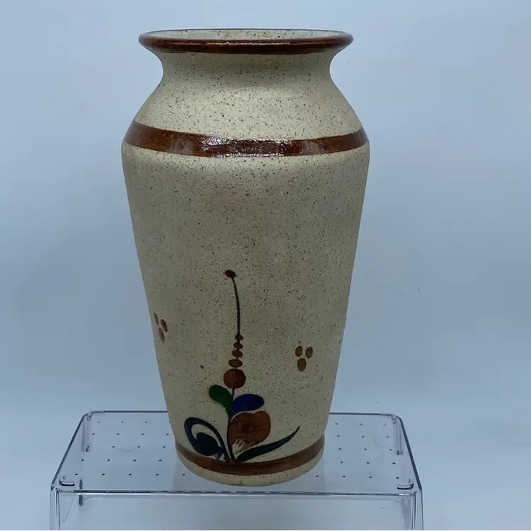 #3042 Hand-painted Mexican folk art ceramic vase with bird and floral motifs 8.5” x 5”