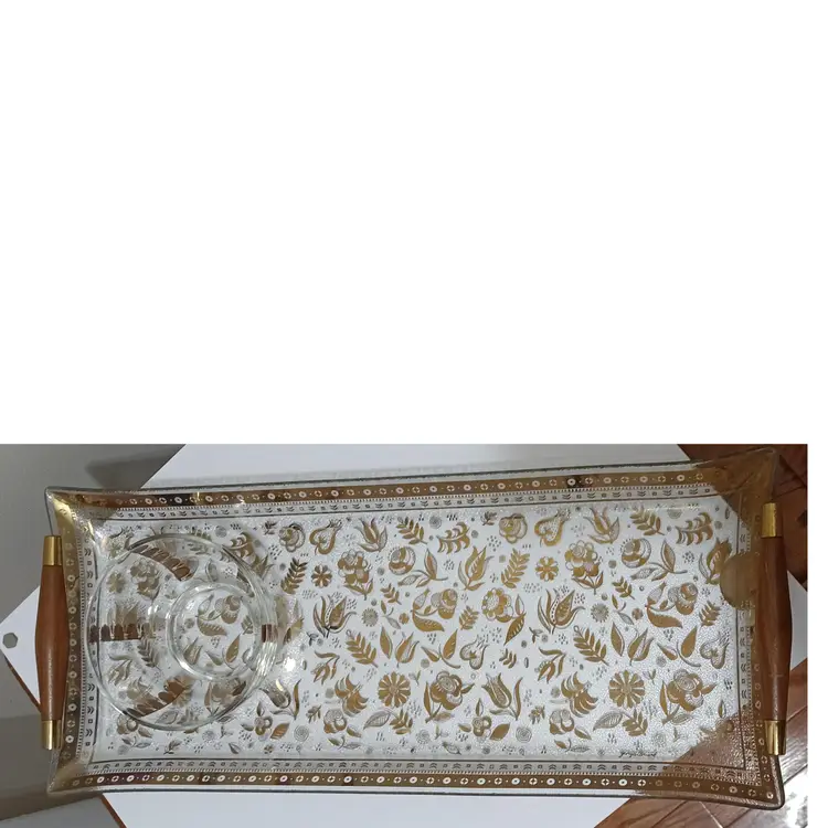 Vintage MCM 2 Pc. Georges Briard Persian Garden Elongated Serving Tray; Teak Handles; With Dip Bowl