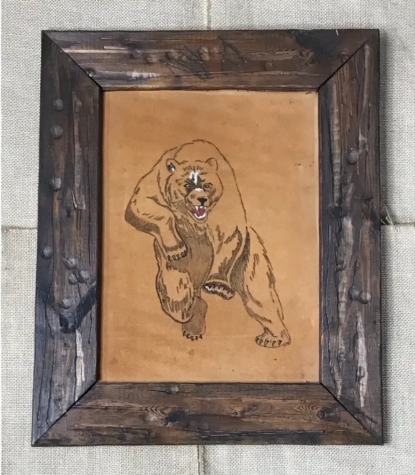Vintage Angry Grizzly Bear Drawing On Leather Wood Frame Rustic Primitive AS IS
