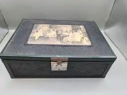 Antique Cigar Box With Lock Mirrored Cedar Wood Metal Outer Layer