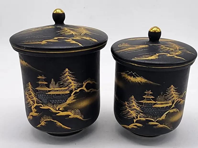 Hand Painted Japanese Matte Black and Gold Porcelain Lidded Tea Jars Set of 2