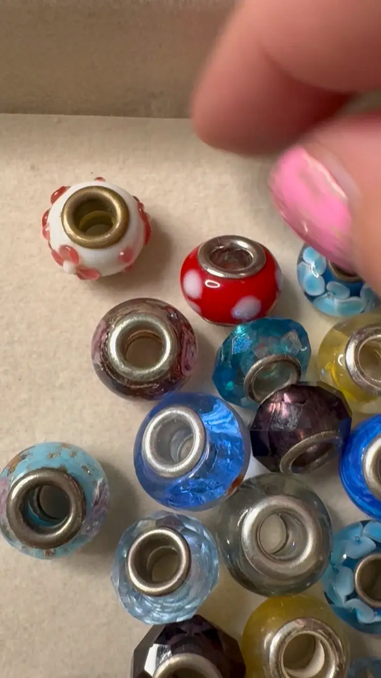 38 Glass Bead Silver Tone Slider Bracelet Charms