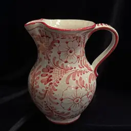 Gorgeous Vintage Italian Art Handpainted Pitcher - Red / Pink Floral Design - 6.5x5.5in
