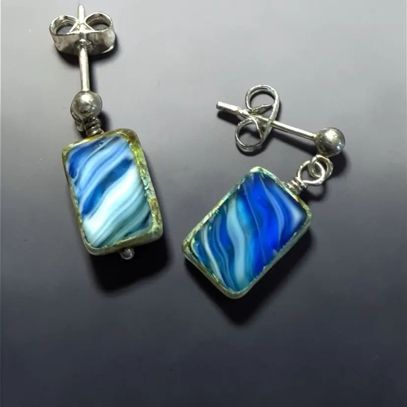 Petite Blue Slag Glass Sterling Post Pierced Earrings 3/4” Backs Are Not Sterling