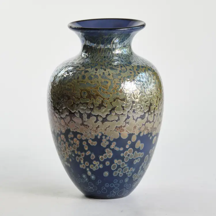 Al Leedom Shimmer Art Glass Vase Cased Blue Multicolor Stars Constellation Handblown NM 2000