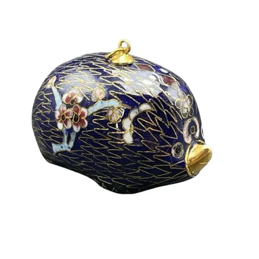Cloisonne Hedgehog Hanging Ornament Blue Enamel Vintage Animal