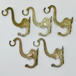 Vintage Brass Elephant Wall Double Hook Hanger with Trunk Up Set of 5