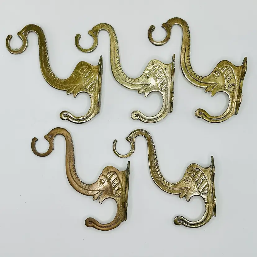 Vintage Brass Elephant Wall Double Hook Hanger with Trunk Up Set of 5