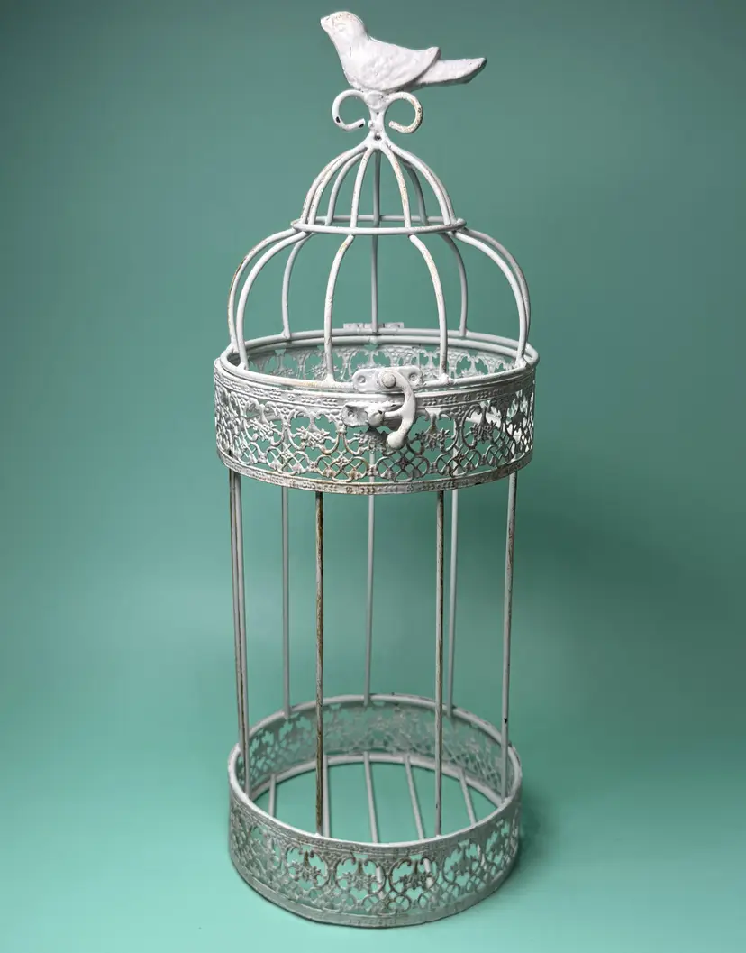 Distressed White Metal Round Bird Cage 15" Top Opens Latches Decor Bird Finial