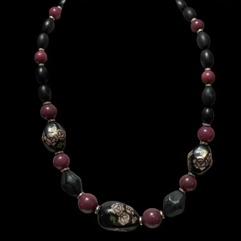 Hand Painted Rose Floral  Necklace 14”