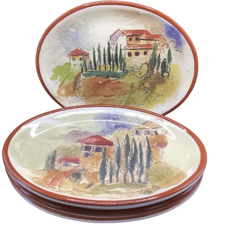 Williams Sonoma Set of 4 Oval Tuscan Scene Salad Snack Plates , Made in Portugal