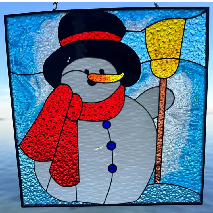 Stained Glass & Painted - Snowman Sun Cather- By Evergreen- Some Wear On White As Shown- 8” Square