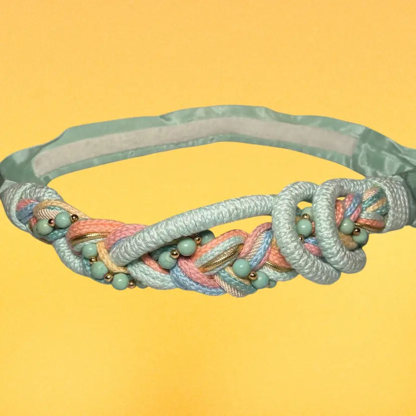 Vintage 1980s Pastel Blue Pink Cream Braided & Beaded Rope Belt Hook & Loop Adjustable 28"-35"