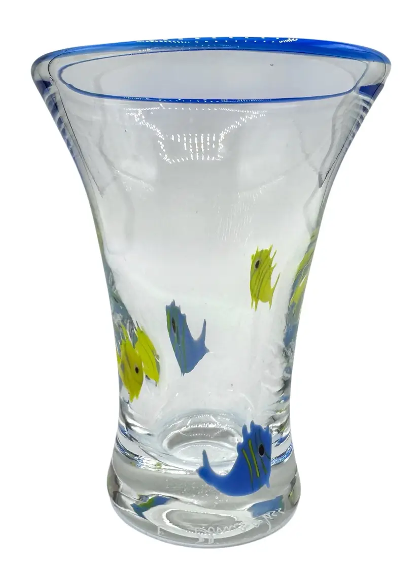 Artist Signed Annnieglass Vintage Tumbler Glass Vase Fused Fish Blue Yellow 5.5”