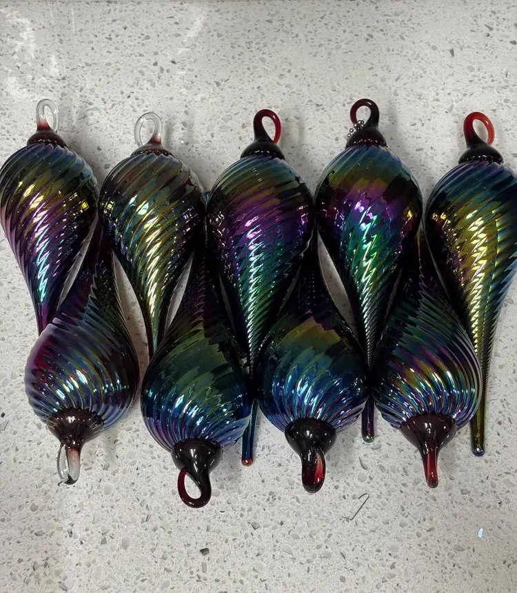 Murano Style Hand Blown Glass Swirl Iridescent Teardrop Ornament-set of 2