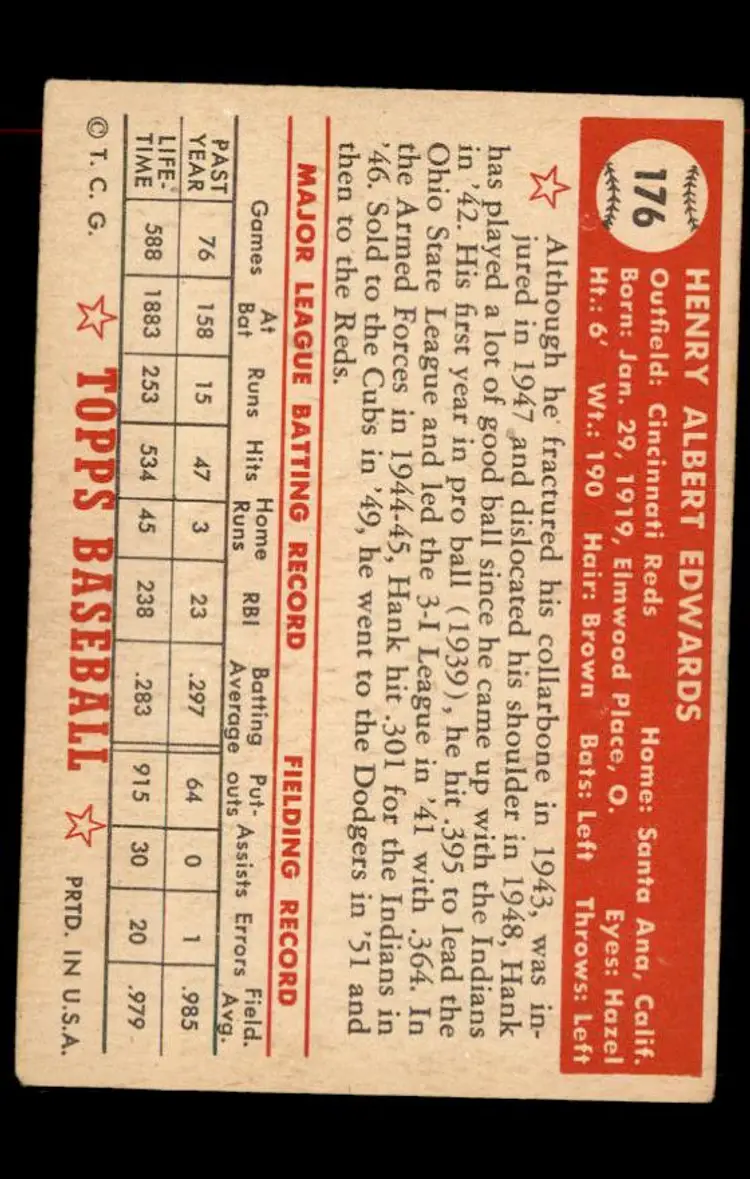 1952 Topps #176 Hank Edwards - (pk-tl1) - Cincinnati Reds