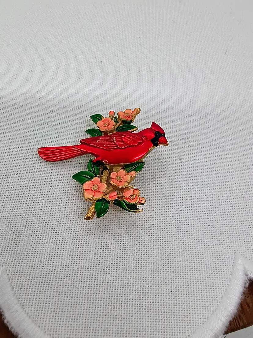 JJ Jonette Red Bird Cardinal on Branch of Flowers Enamel Brooch Pin