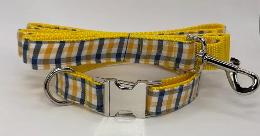 Dog Collar & Leash Plaid Yellow & Blue Large Handmade Heavy Duty Metal Buckle New