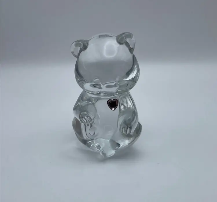 Glows (With UV Light), Clear Glass, Fenton, February Birthday Bear, Amethyst/Purple Heart, Stamp and Sticker
