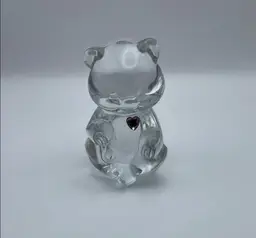Glows (With UV Light), Clear Glass, Fenton, February Birthday Bear, Amethyst/Purple Heart, Stamp and Sticker