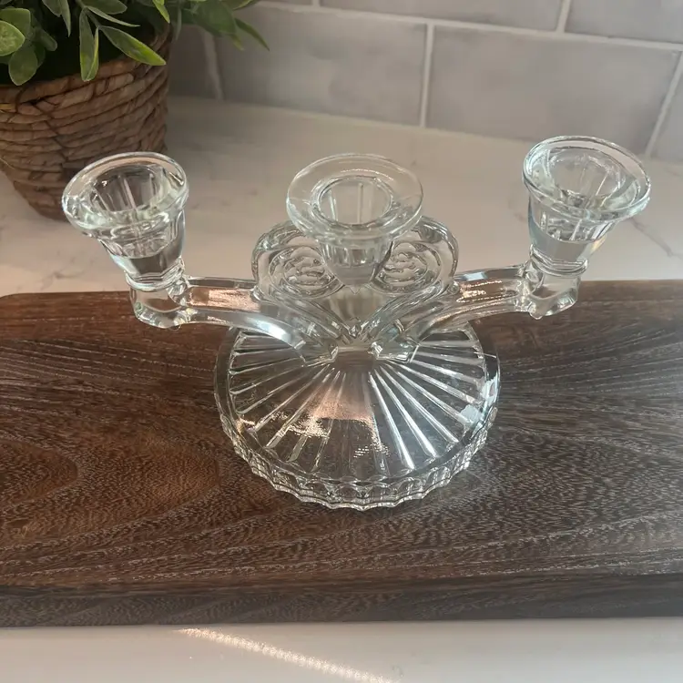 Vintage Jeanette Glass Cosmos clear glass triple candle holder, mid-century