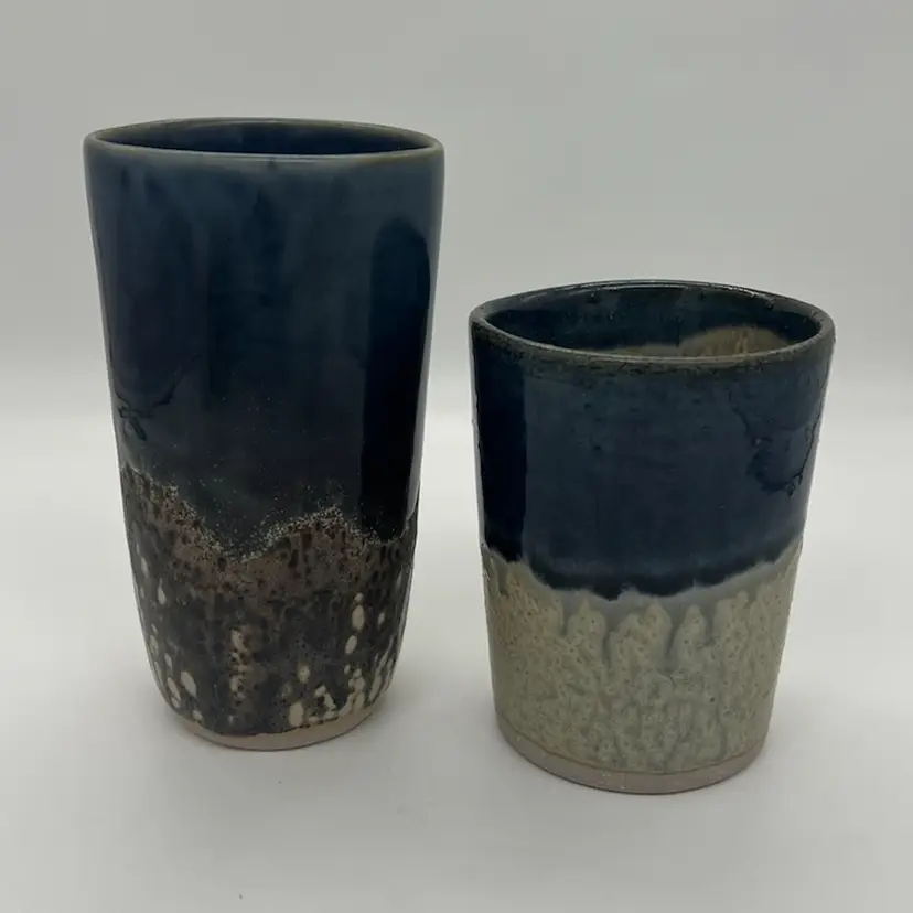 Pair Of Pigeon River Pottery Vases Signed T Bullen Blue Gray Drip Glaze 