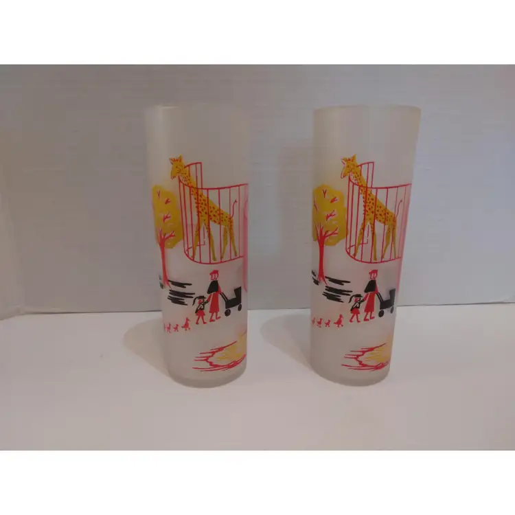 Vintage Federal Glass 6 3/4 -inch Frosted Circus Tumblers/Highball Set of 2