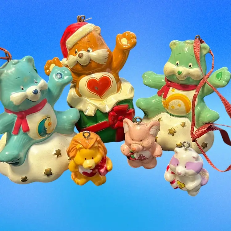 Lot Of Vintage Care Bear Christmas Ornaments, 8- Three Mini Friends, 3 Full Size 2.5” Figures One Bulb With Minis Inside (needs Repairing), One Hand Stitched Stuffy Ornament Dated 1984-85