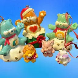 Lot Of Vintage Care Bear Christmas Ornaments, 8- Three Mini Friends, 3 Full Size 2.5” Figures One Bulb With Minis Inside (needs Repairing), One Hand Stitched Stuffy Ornament Dated 1984-85