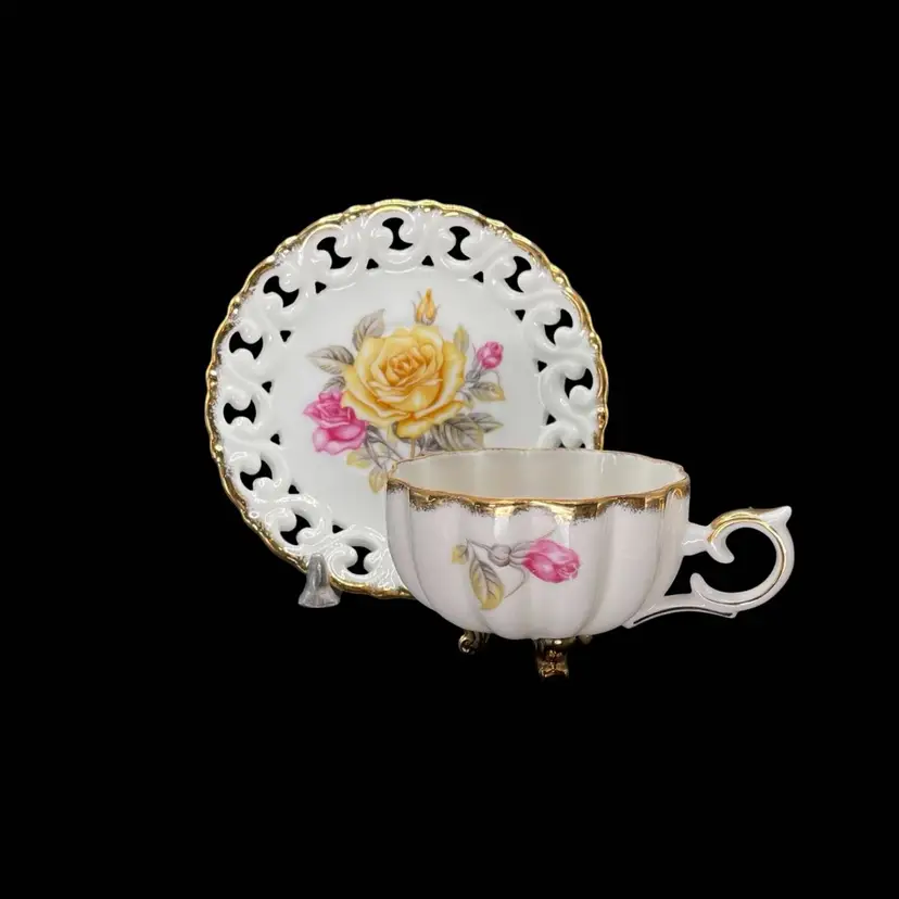 Cherry China Tri-Footed Teacup Reticulated Saucer Rose Pattern Drinkware