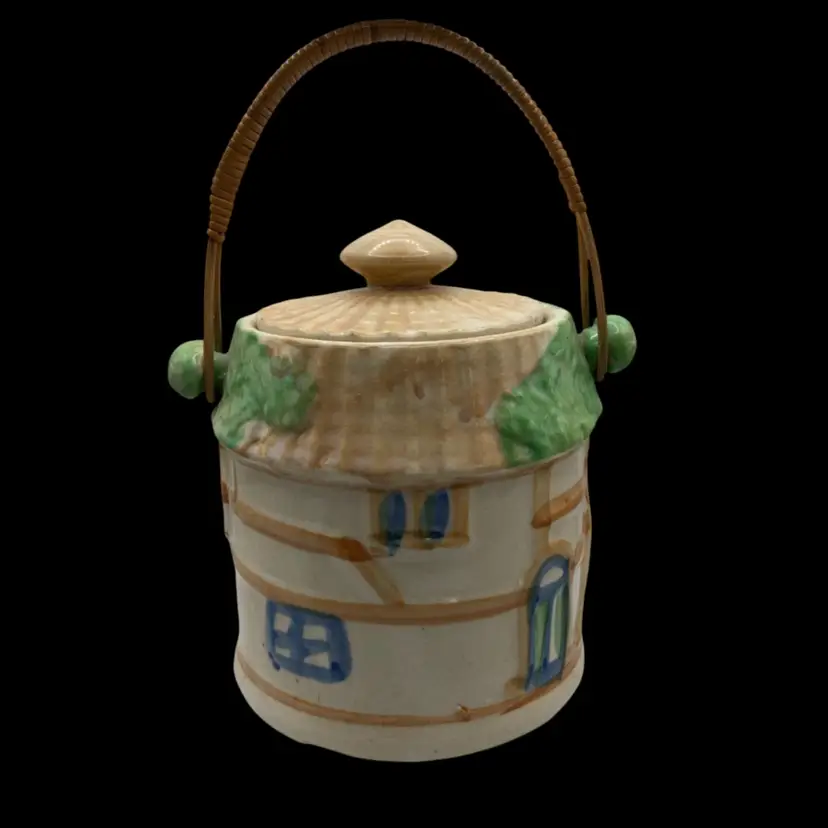 Vintage Japanese Cottage Ceramic Biscuit Jar With Wooden Removable  Handle! Stamped Made In Japan! 10” Tall At Handle 7 1/2” Tall At Top Of Lid! Lots If Crazing! Manufacture Issues, 3 Areas Appear Chipped But Are Glazed Over And Equally Crazed! 1 On Bottom And 2 On Inner Lid!