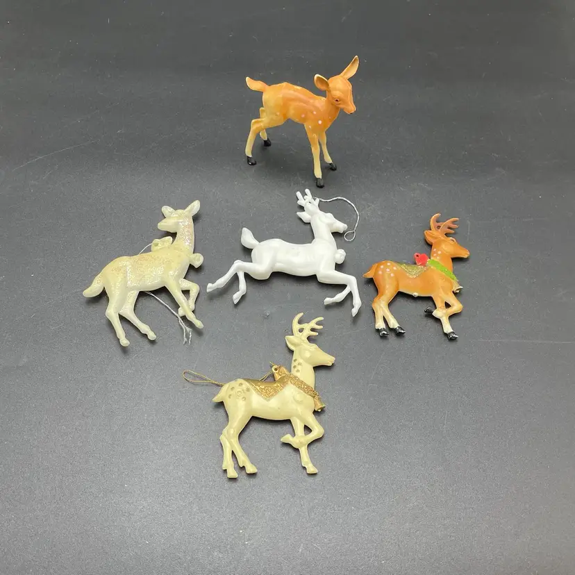 Reindeer Ornaments Figurine Lot of 5 Vintage Plastic Christmas Holiday Decor Toy