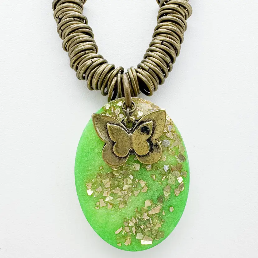 Butterfly and Resin Pendant Necklace Antiqued Gold Tone 23"