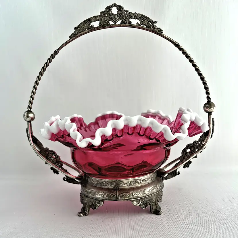 Fenton Cranberry Ruffled Brides Basket White Crest Metal Holder Victorian Vintage