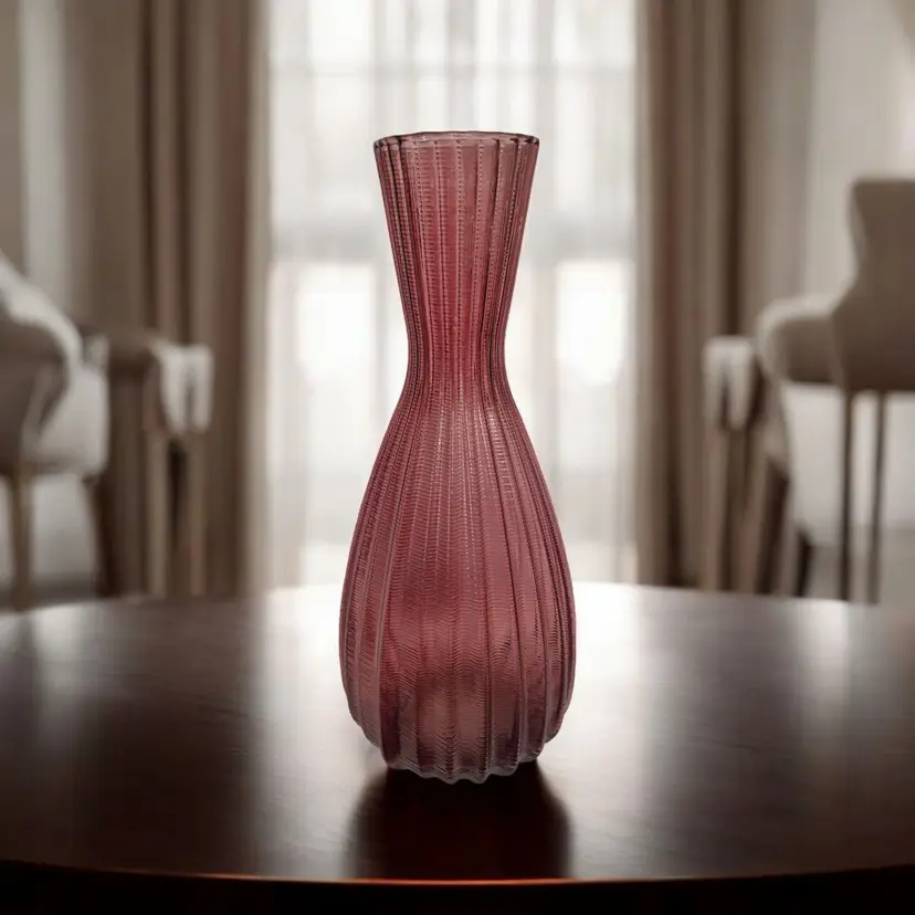 Vintage Cranberry Glass Vase – 15.5” Tall – Ribbed Art Glass – Elegant Mid-Century Decor