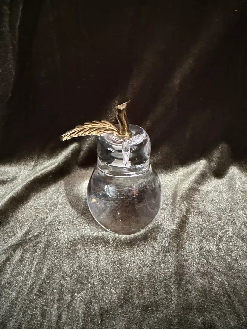 Vintage Clear Art Glass Pear Paperweight w/ Brass Leaf Accent