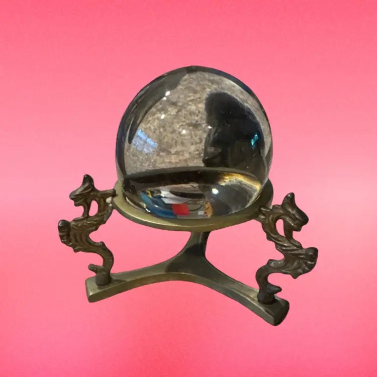 Clear Art Glass Gazing Ball Paperweight on Ornate Brass Dragon Stand 4.5” tall